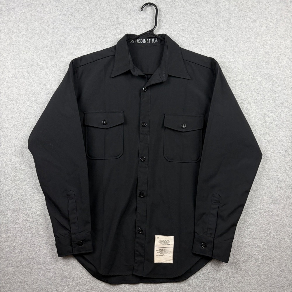 Vintage US Navy Shirt Mens Large Black Wool Blend Button Up Stencil Military 90s